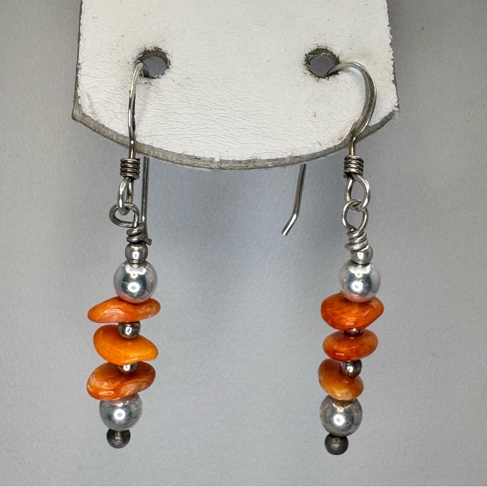 Vintage Sterling Silver Hooks Orange Gemstone Dangle Earrings Handmade Style